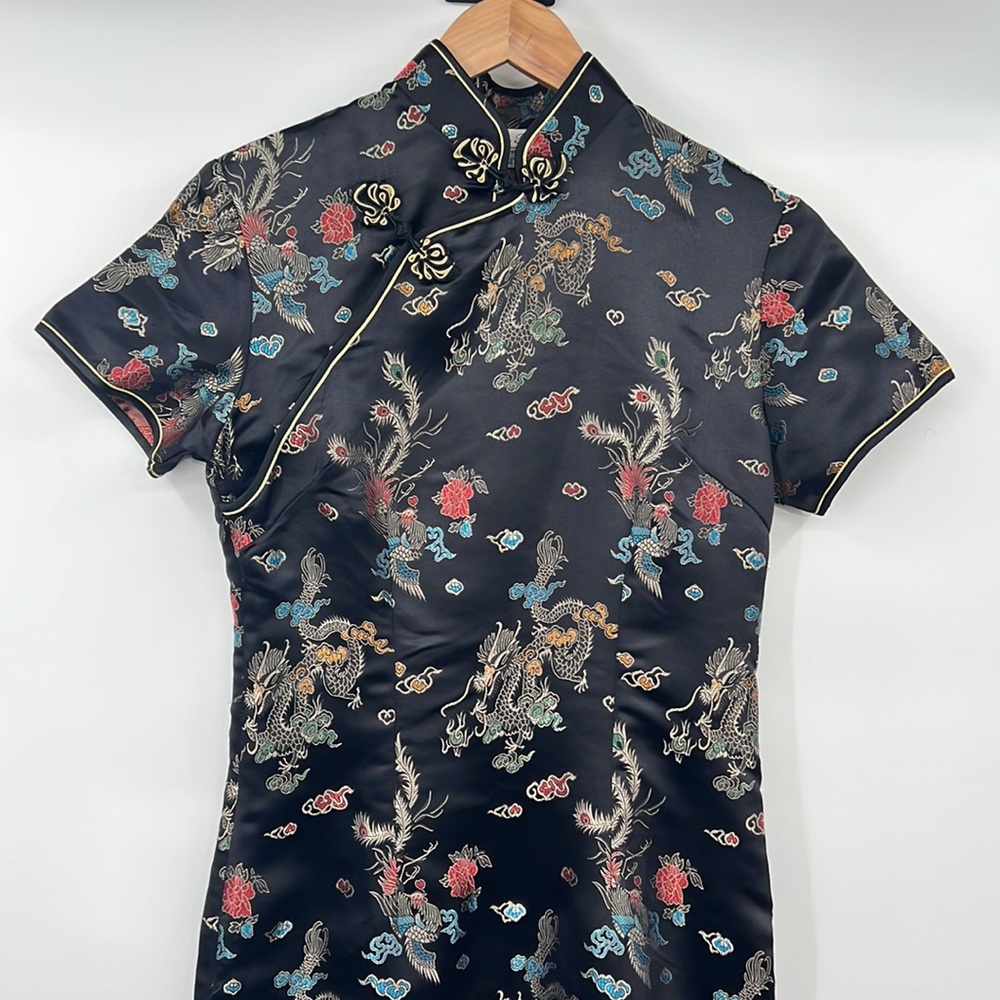 Yi Fang Dress Womens 36 Black Dragon Phoenix Chinese Traditional Short Sleeve - Picture 6 of 12